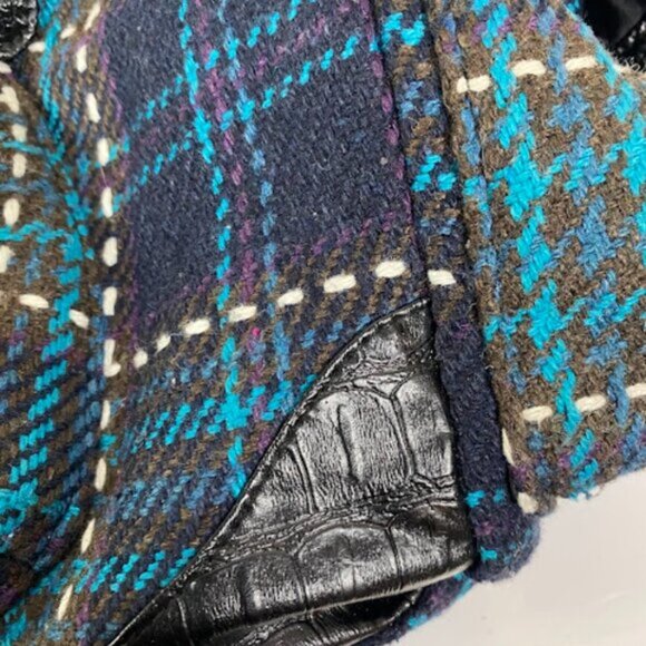 d-Fusion Women's Navy Blue Brown Wool Plaid Shoulder Tote Bag - Picture 4 of 11